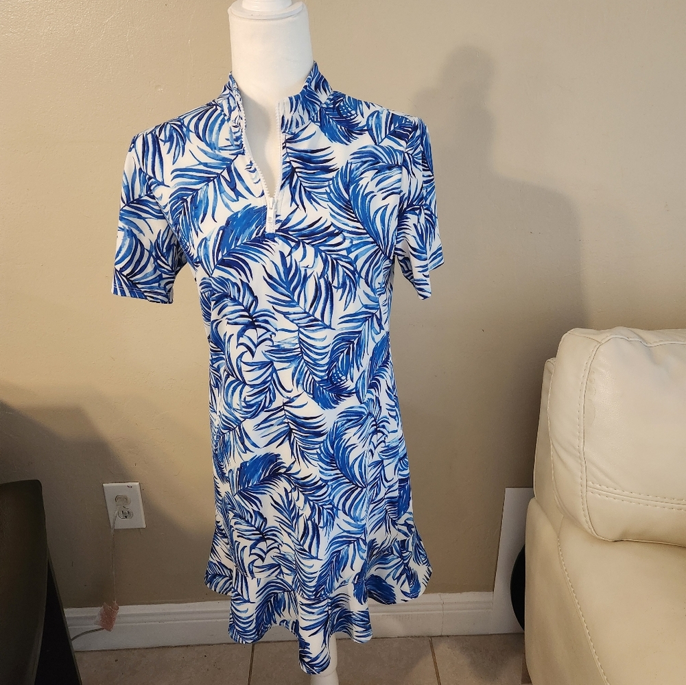 Blue and White Leaf Print Dress